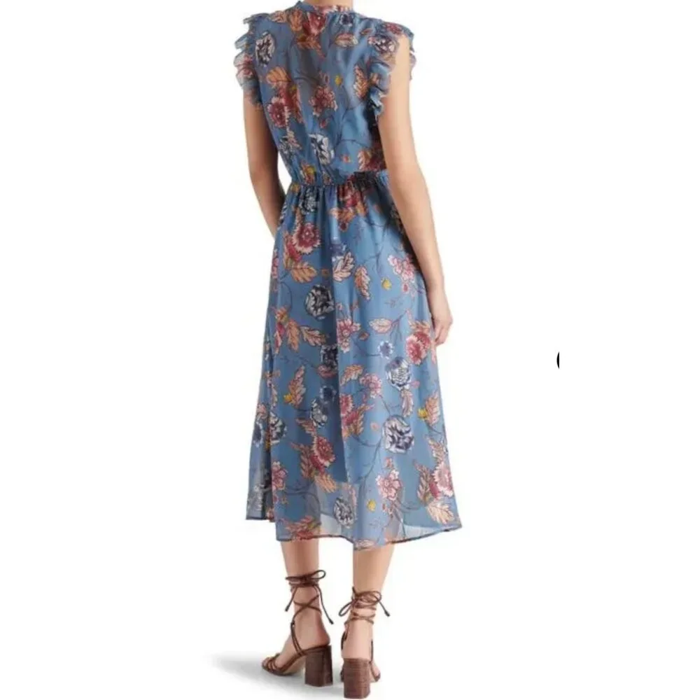 Steve Madden Allegra Floral Midi Dress Size M Cadet Blue